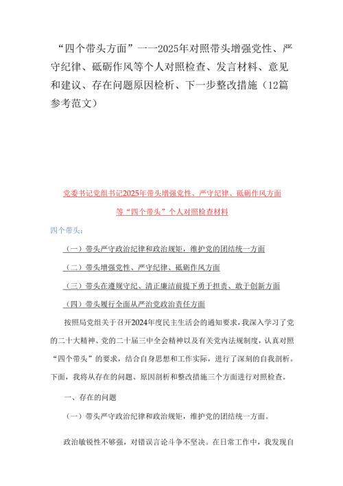 “四个带头方面”——2025年对照带头增强党性、严守纪律、砥砺作风等个人对照检查、发言材料、意见和建议、存在问题原因检析、下一步整改.docx