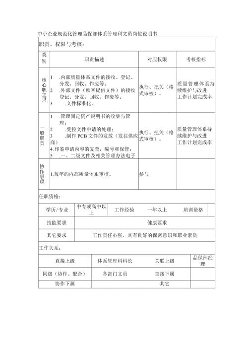中小企业规范化管理品保部体系管理科文员岗位说明书.docx