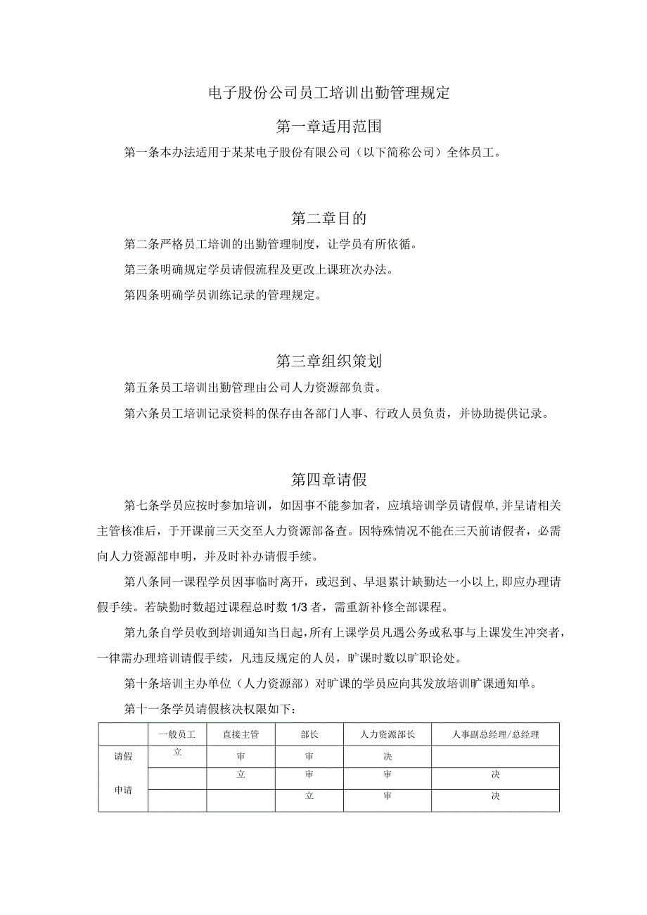 电子股份公司员工培训出勤管理规定.docx_第1页