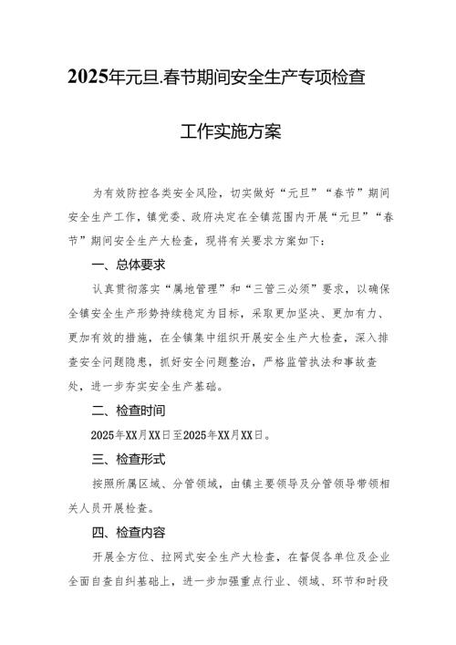 2025年《元旦、节期间安全生产专项检查》工作方案 汇编6份.docx