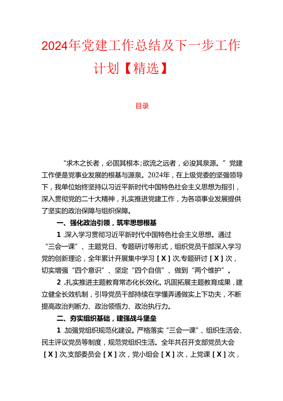 2024 年党建工作总结及下一步工作计划【精选】.docx_第1页
