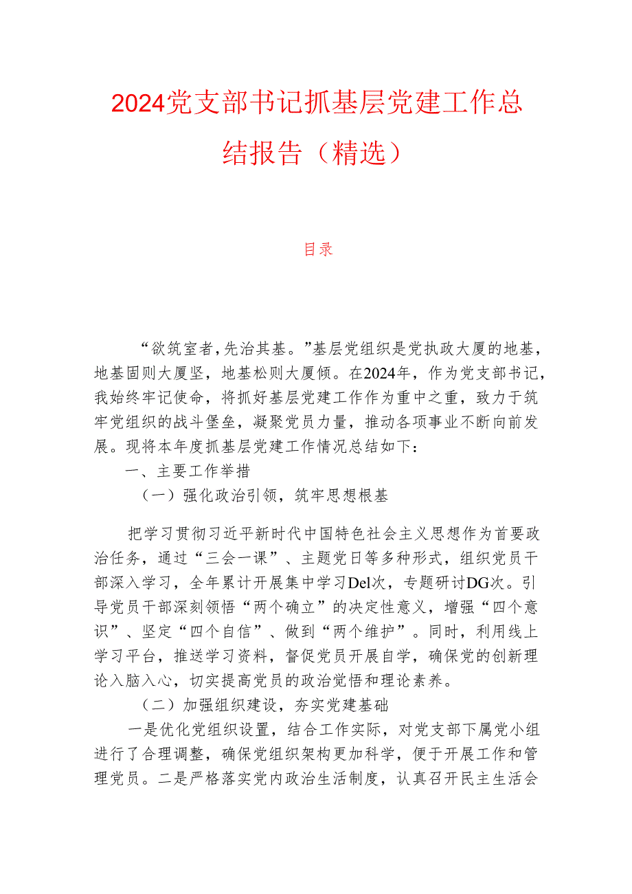 2024党支部书记抓基层党建工作总结报告（精选）.docx_第1页