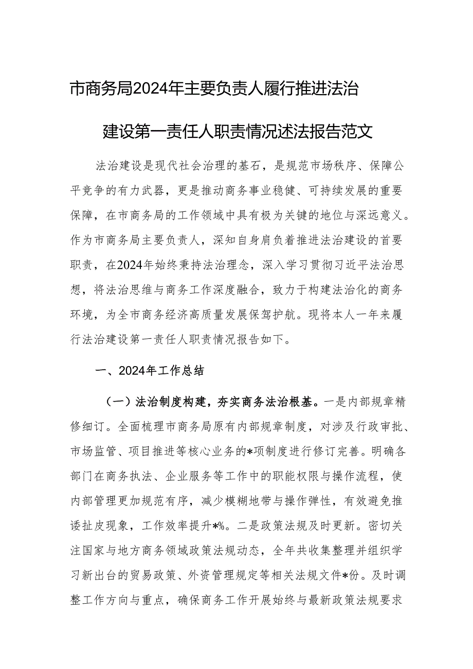 2024年主要负责人履行推进法治建设第一责任人职责情况述法报告范文（商务）.docx_第1页