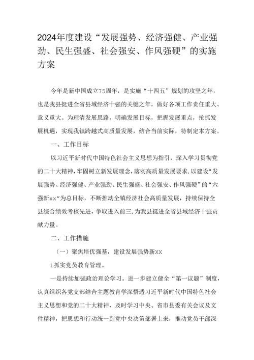 2024建设“发展强势、经济强健、产业强劲、民生强盛、社会强安、作风强硬”的实施方案.docx
