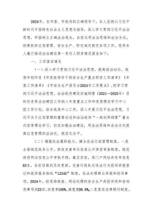 2024 年市应急管理局主要负责人履行推进法治建设第一责任人职责情况述职报告.docx