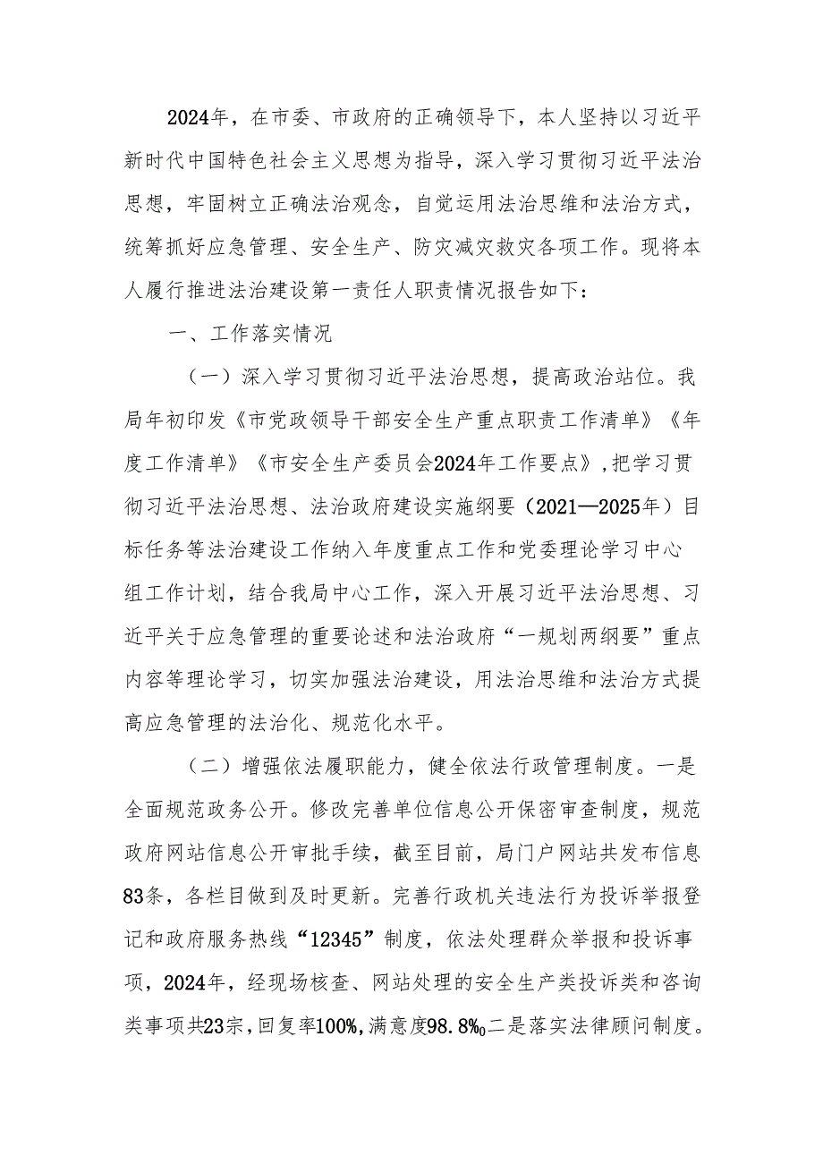 2024 年市应急管理局主要负责人履行推进法治建设第一责任人职责情况述职报告.docx_第1页