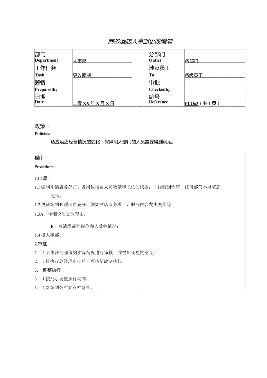 商务酒店人事部更改编制.docx_第1页
