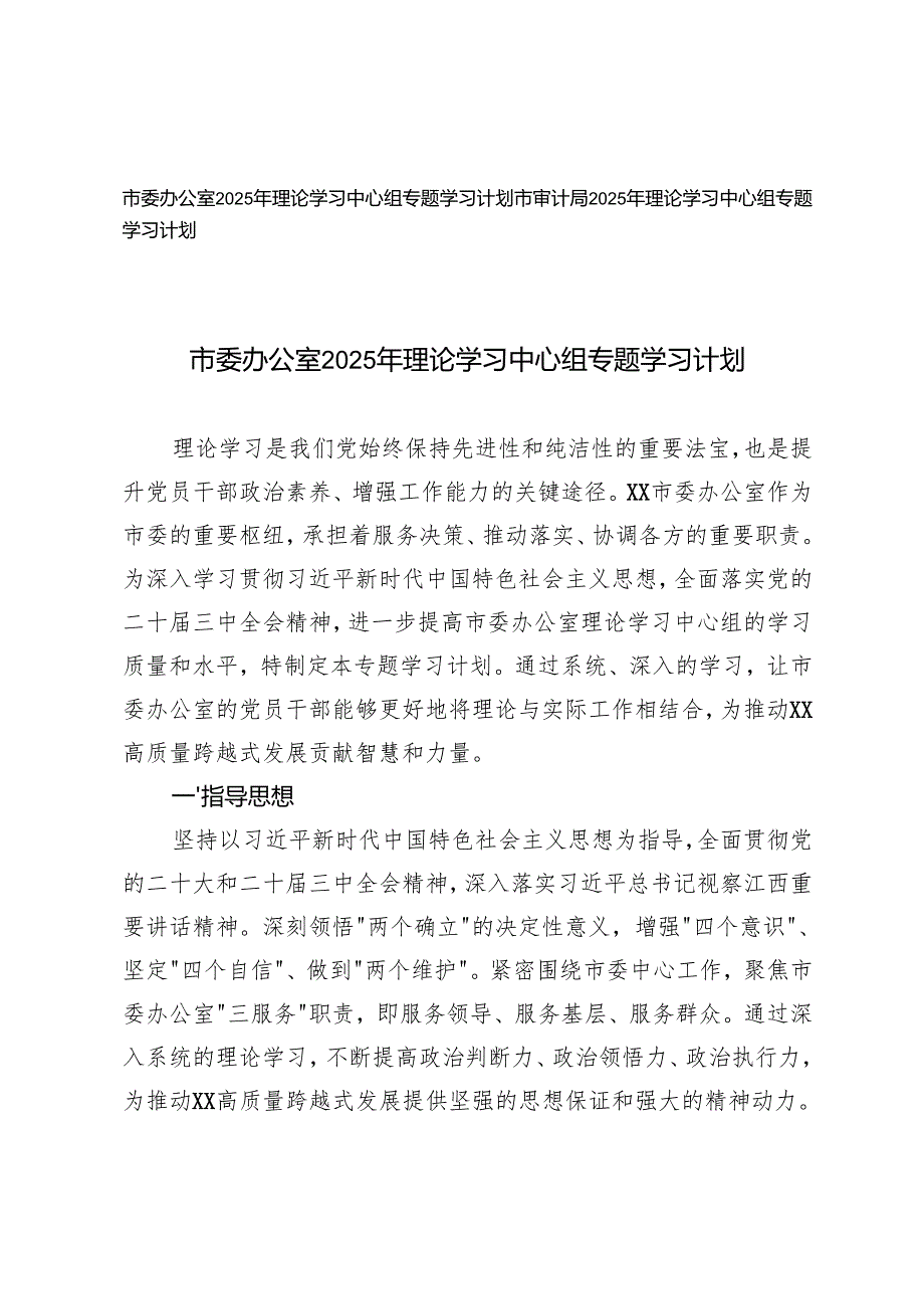 市审计局、市委办公室2025年理论学习中心组专题学习计划.docx_第1页