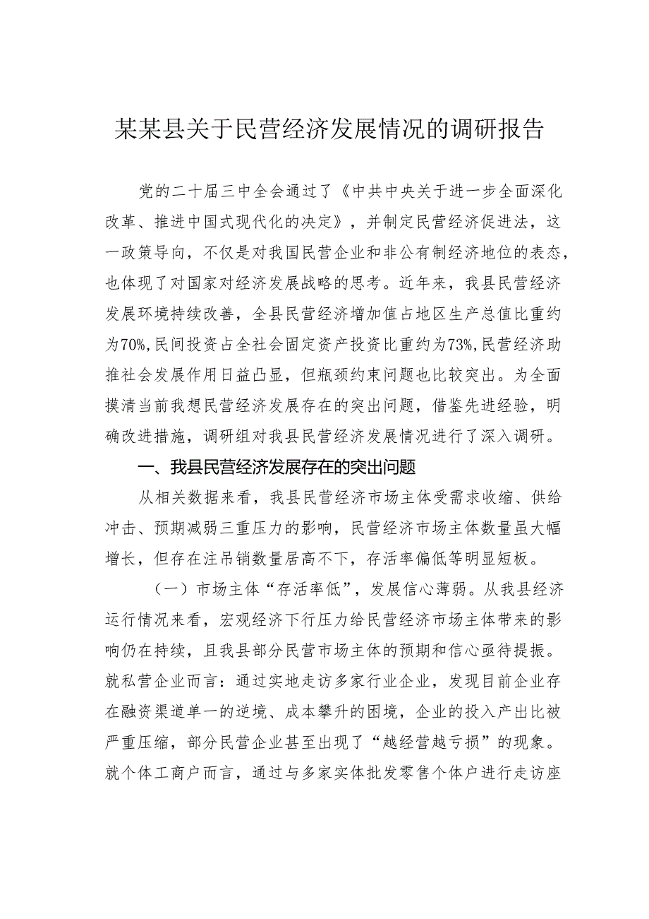 某某县关于民营经济发展情况的调研报告.docx_第1页