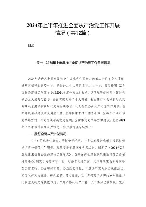 2024年上半年推进全面从严治党工作开展情况（共12篇）.docx