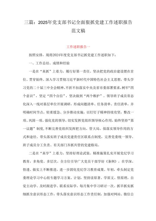 三篇：2025年党支部书记全面狠抓党建工作述职报告范文稿.docx