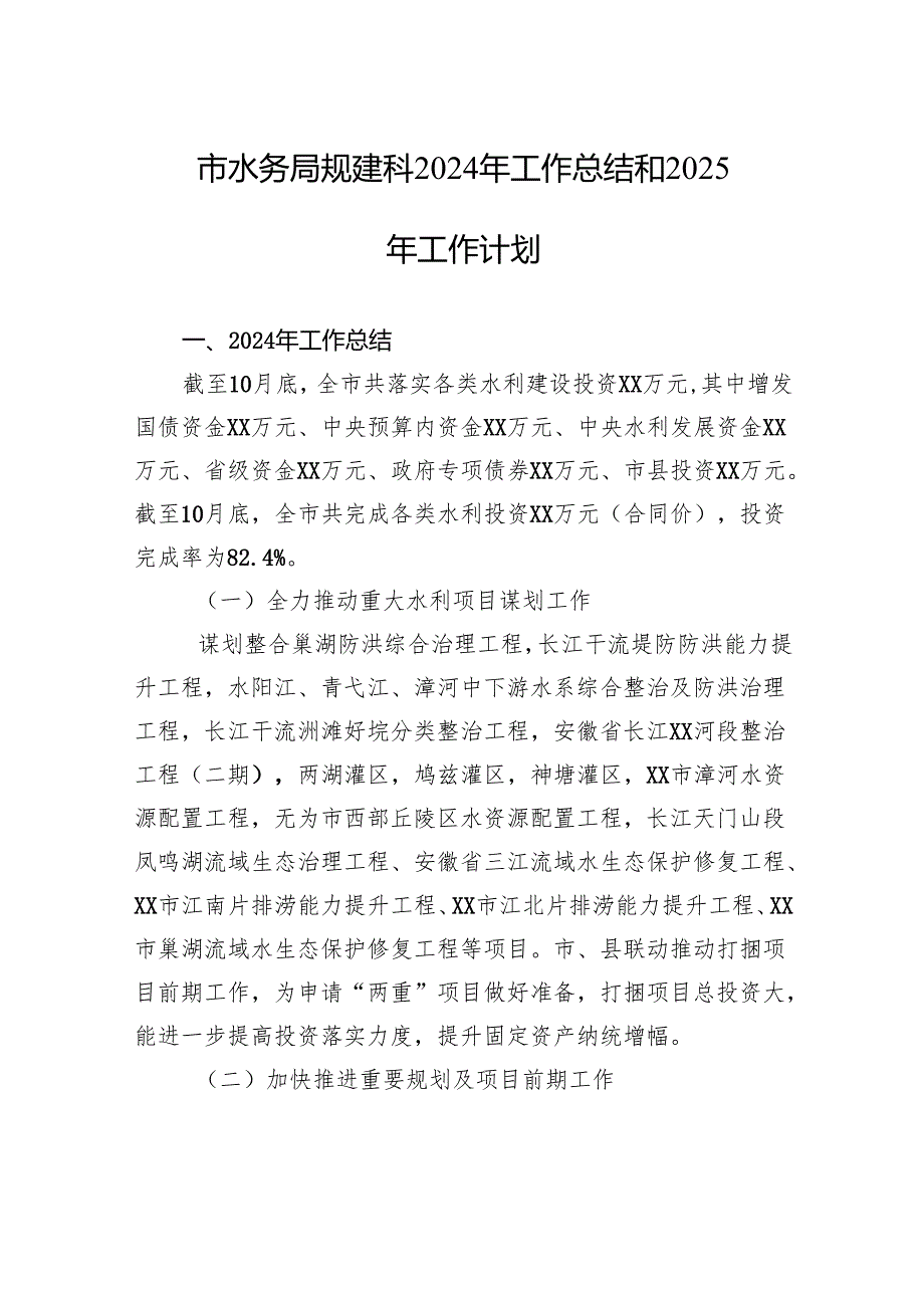 市水务局规建科2024年工作总结和2025年工作计划.docx_第1页
