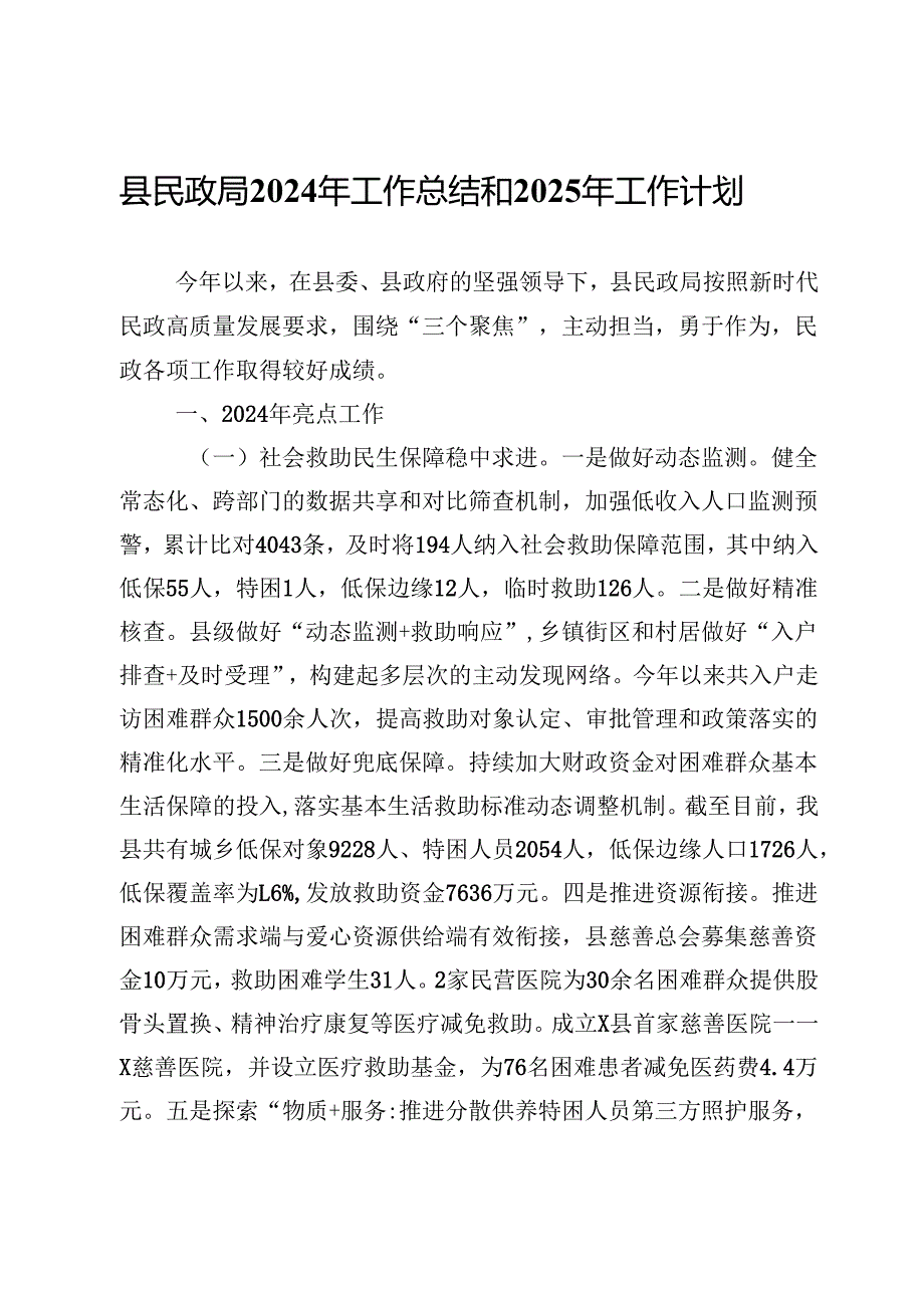 某县民政局2024年工作总结和2025年工作计划(1).docx_第1页