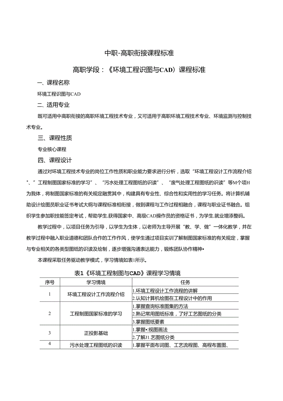 《环境工程识图与CAD》课程标准（中高职衔接高职学段）.docx_第2页