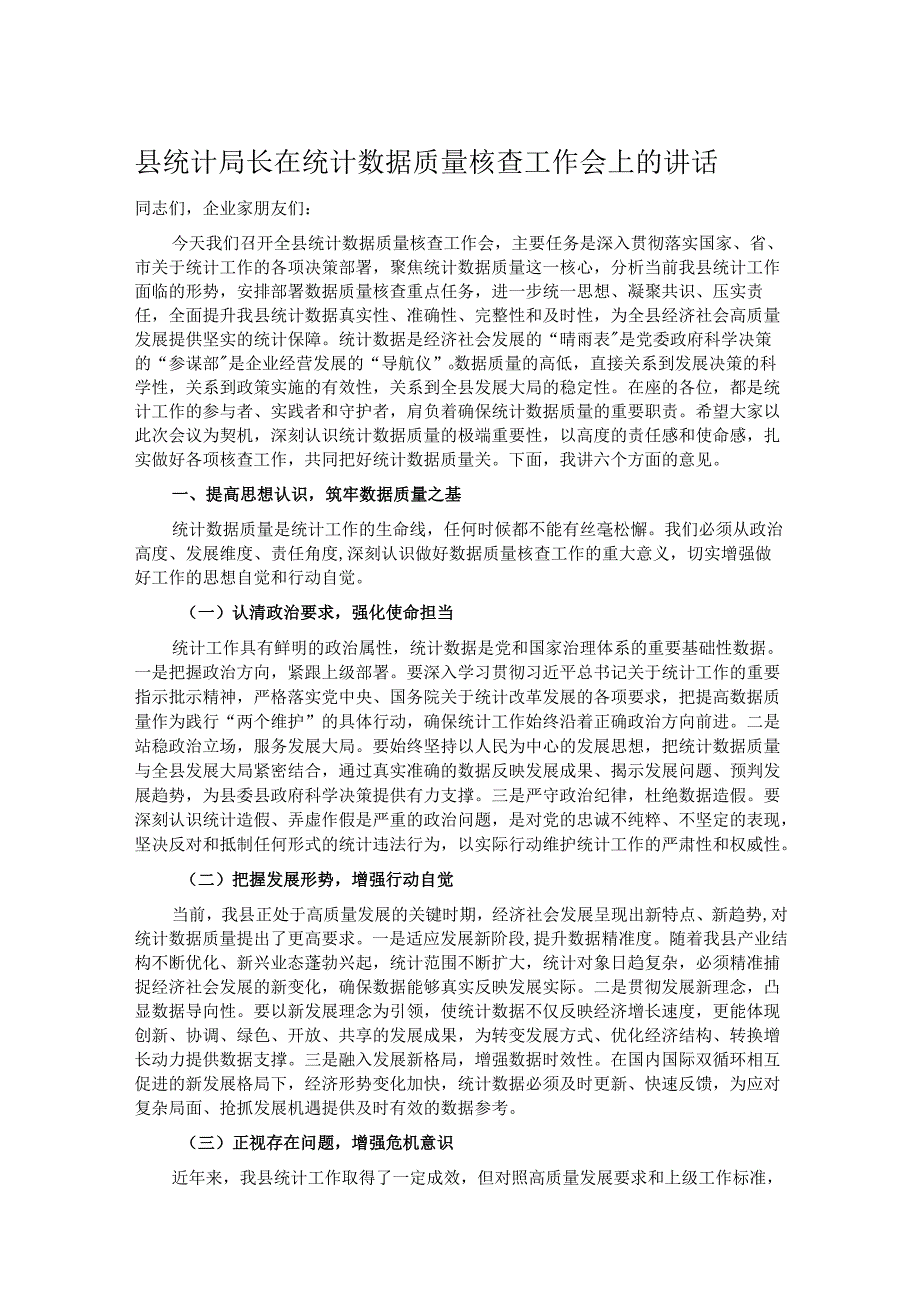 县统计局长在统计数据质量核查工作会上的讲话.docx_第1页