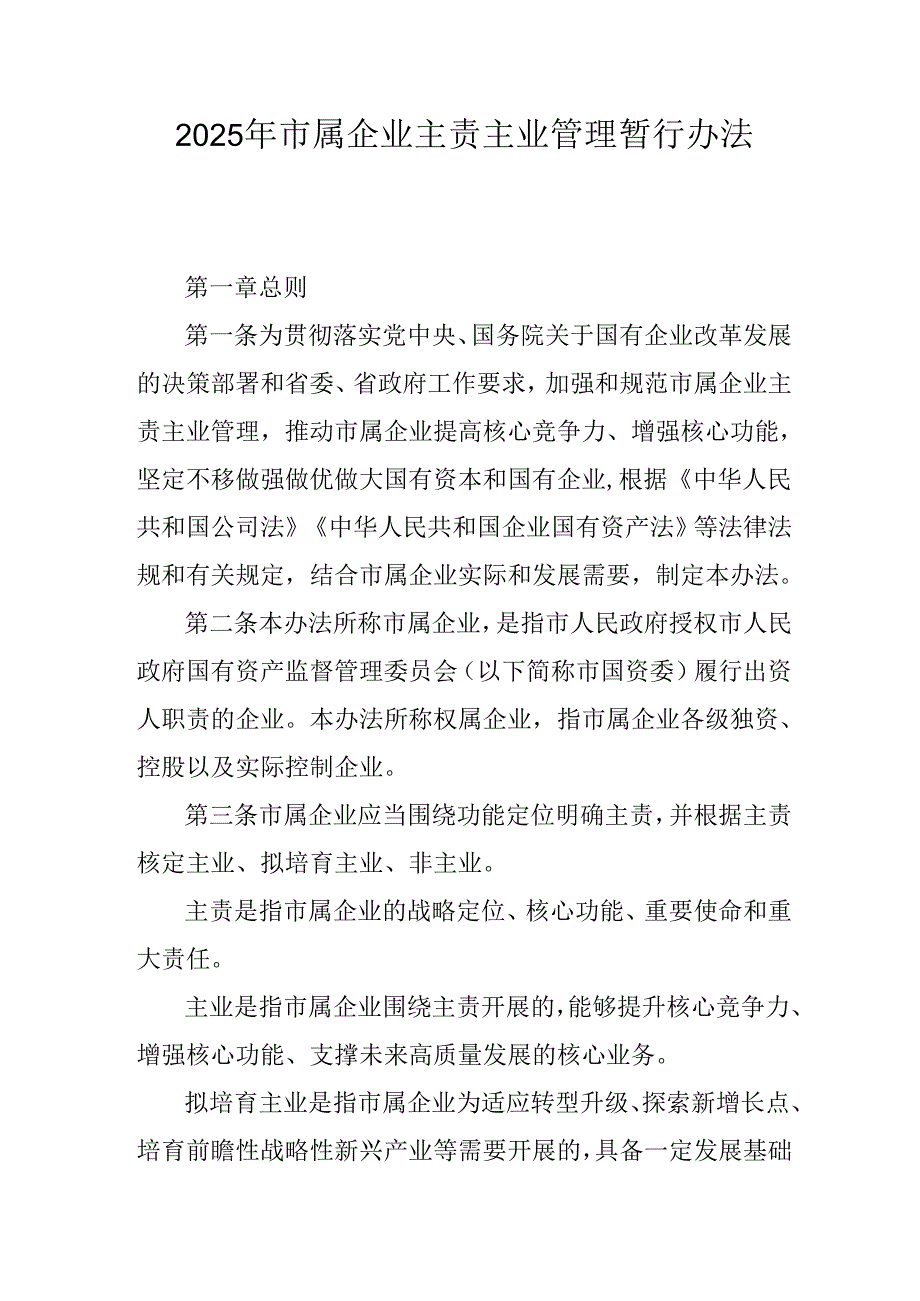 2025年市属企业主责主业管理暂行办法.docx_第1页