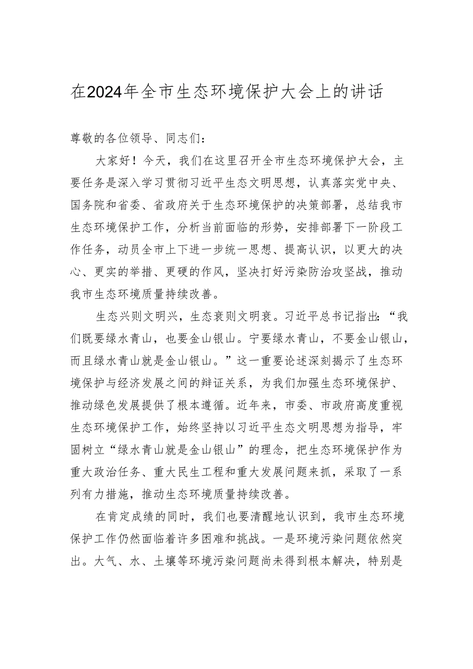 在20242025年全市生态环境保护大会上的讲话.docx_第1页