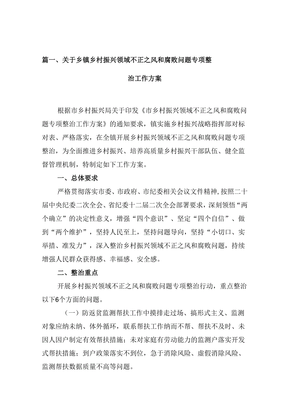 （10篇）关于乡镇乡村振兴领域不正之风和腐败问题专项整治工作方案汇编.docx_第2页