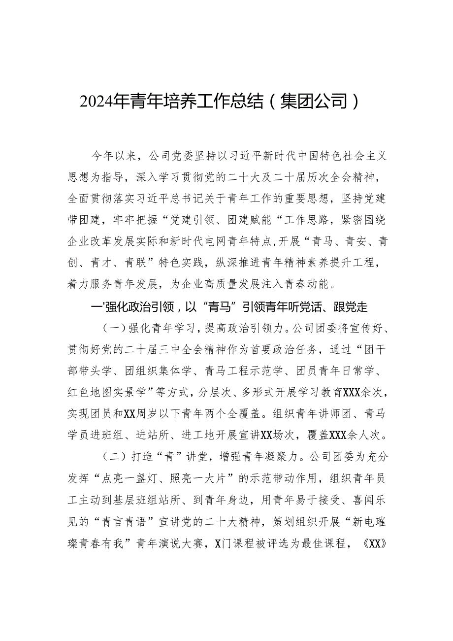2024年青年培养工作总结（集团公司）.docx_第1页