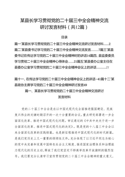 某县长学习贯彻党的二十三中全会精神交流研讨发言材料（共12篇）.docx