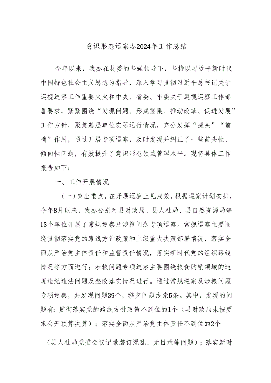 意识形态巡察办2024年工作总结.docx_第1页