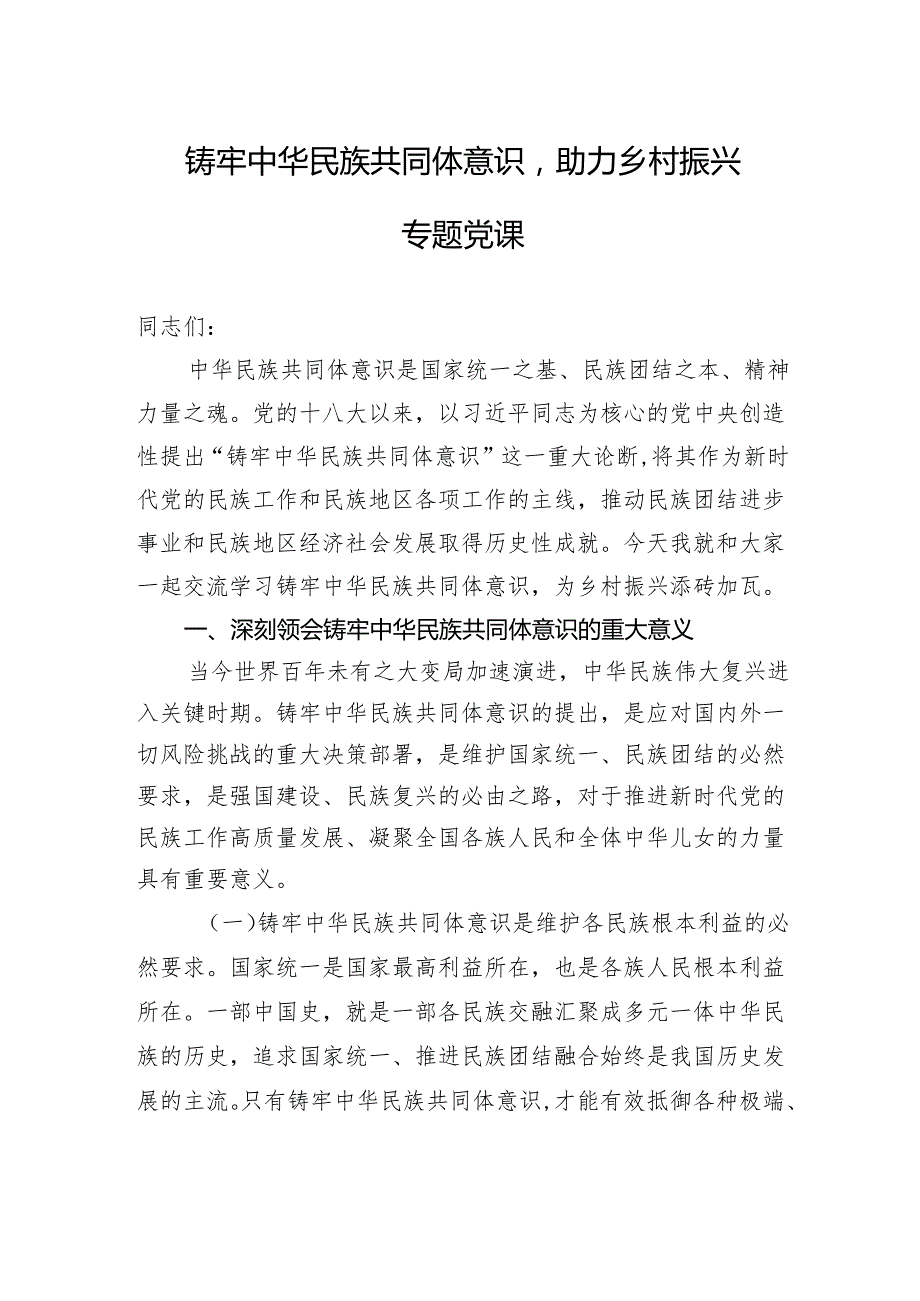 铸牢中华民族共同体意识助力乡村振兴专题党课.docx_第1页