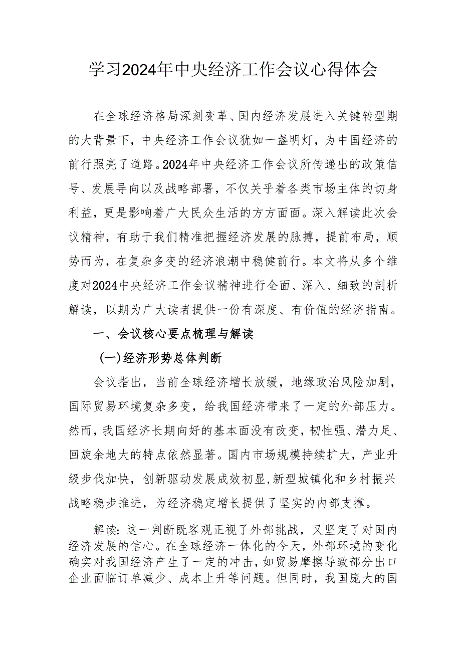 学习2024年中央经济工作会议个人心得体会 （汇编3份）.docx_第1页
