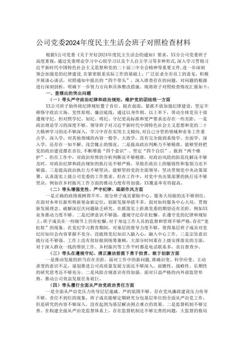 公司党委2024民主生活会班子对照检查材料.docx