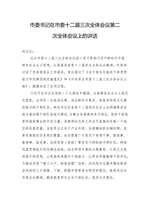 市委书记在市委十二三次全体会议第二次全体会议上的讲话.docx