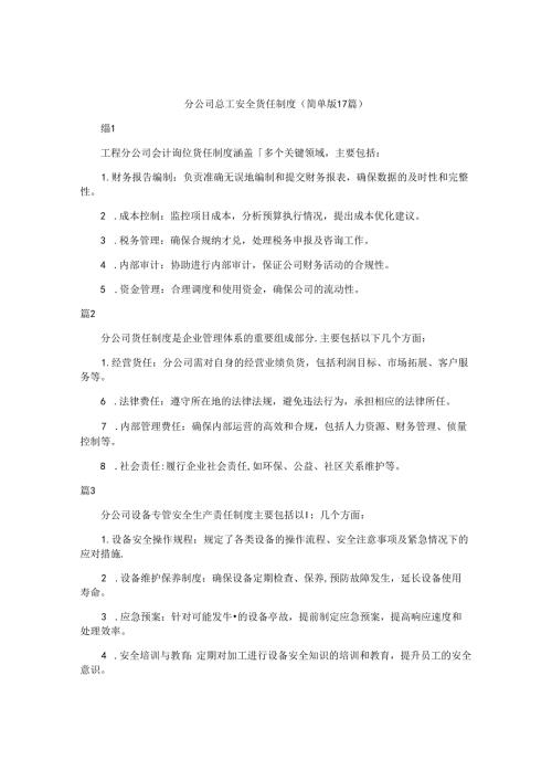 分公司总工安全责任制度（简单版17篇）.docx