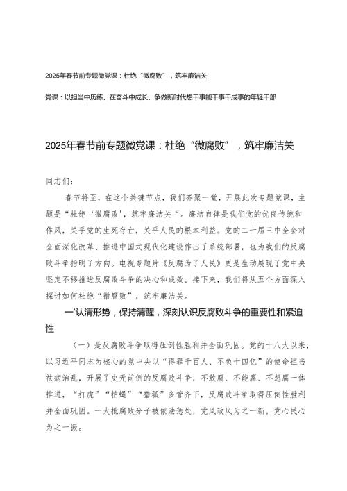 2025年节前党支部书记专题微党课：杜绝“微腐败”筑牢廉洁关+以担当中历练、在奋斗中成长、争做新时代想干事能干事干成事的年轻干部.docx