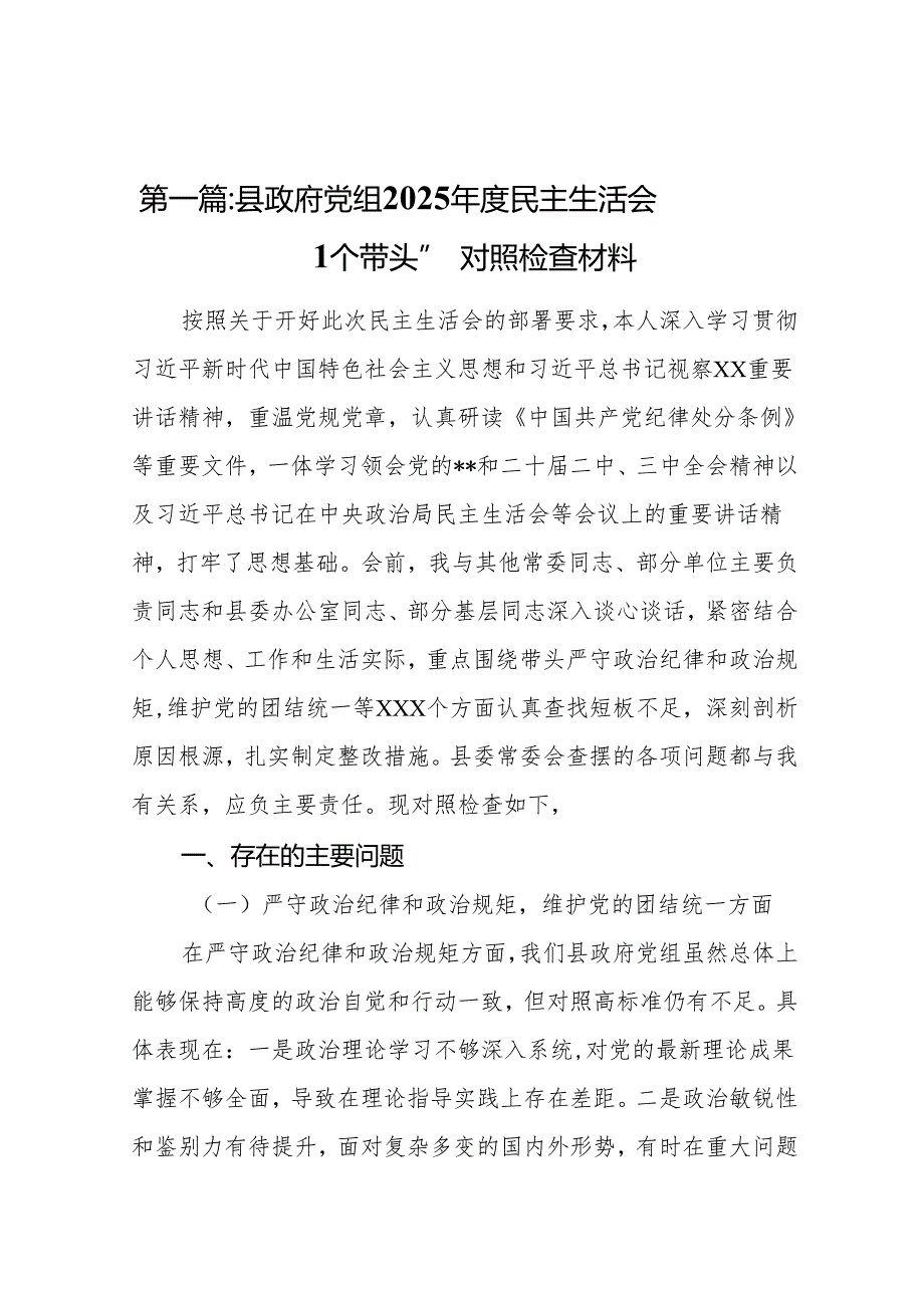 县政府党组2025民主生活会“四个带头”对照检查材料(8篇精选).docx_第2页