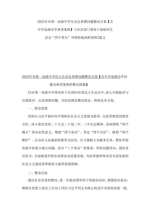 2025年市第高级中学生活会查摆问题整改方案【含中学违规办学典型案例】与市直部门领导干部组织生活会“四个带头”对照检视剖析材料2篇文.docx