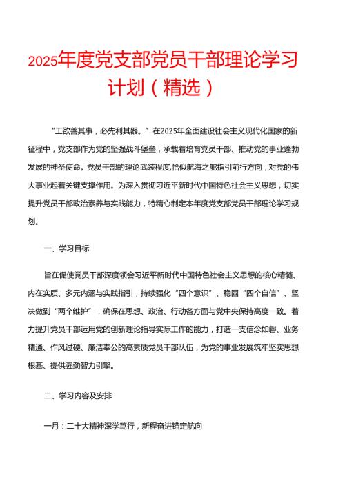 2025 党支部党员干部理论学习计划（精选）.docx