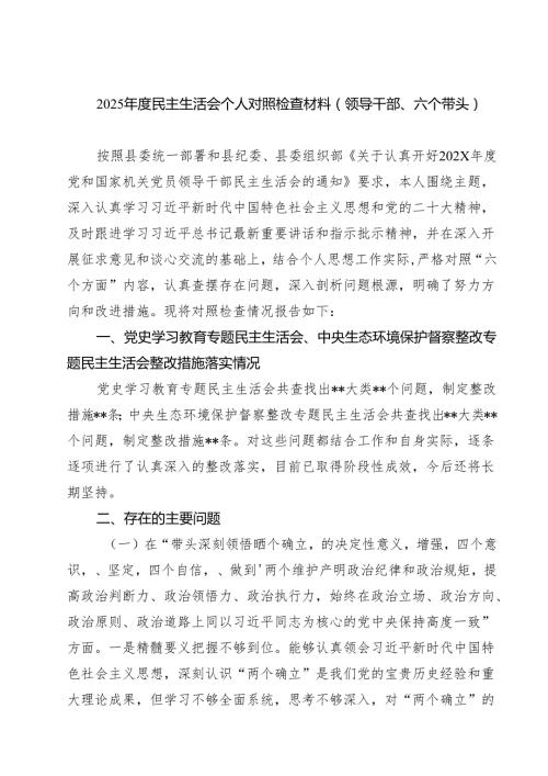 2025民主生活会个人对照检查材料（领导干部、六个带头）5篇（精选版）.docx