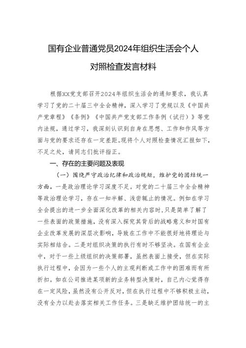 国有企业普通党员2024组织生活会个人对照检查发言材料.docx