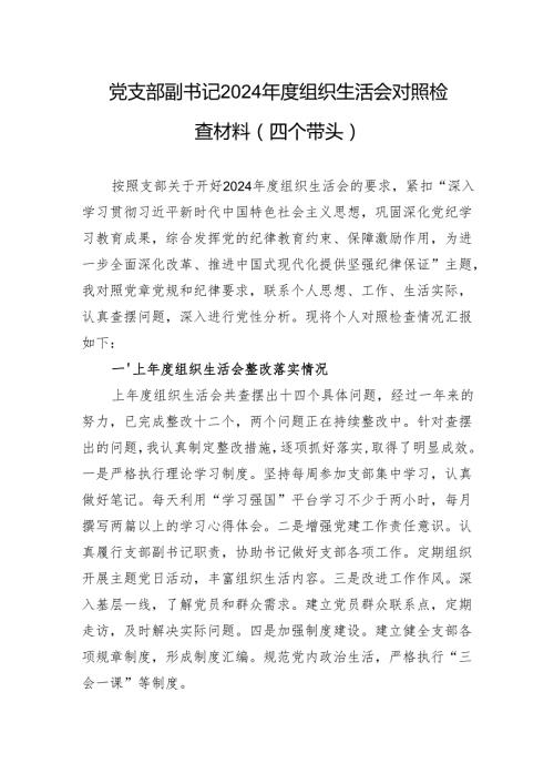党支部副书记2024组织生活检查发言材料（四个带头）.docx