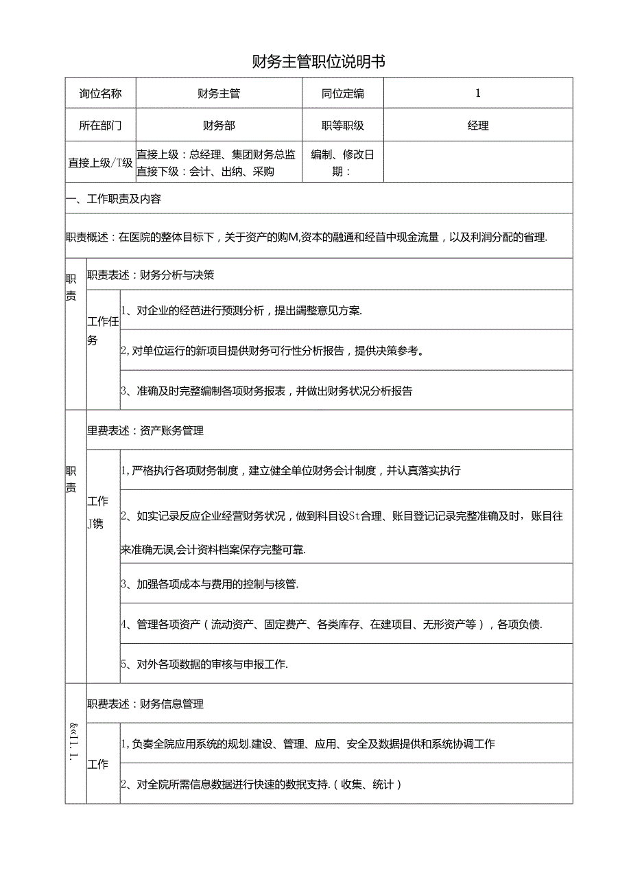 医院财务主管岗位说明书.docx_第1页