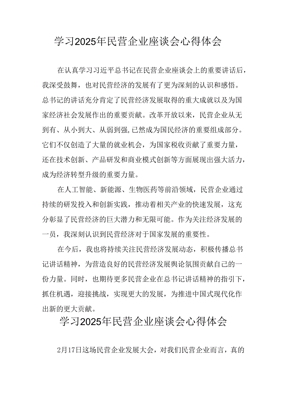 2025年私营企业学习《民营企业座谈会》个人心得感悟 汇编12份.docx_第1页
