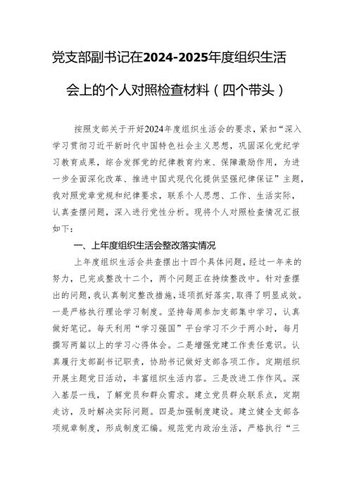 党支部副书记在20242025组织生活会上的个人对照检查材料（四个带头）.docx