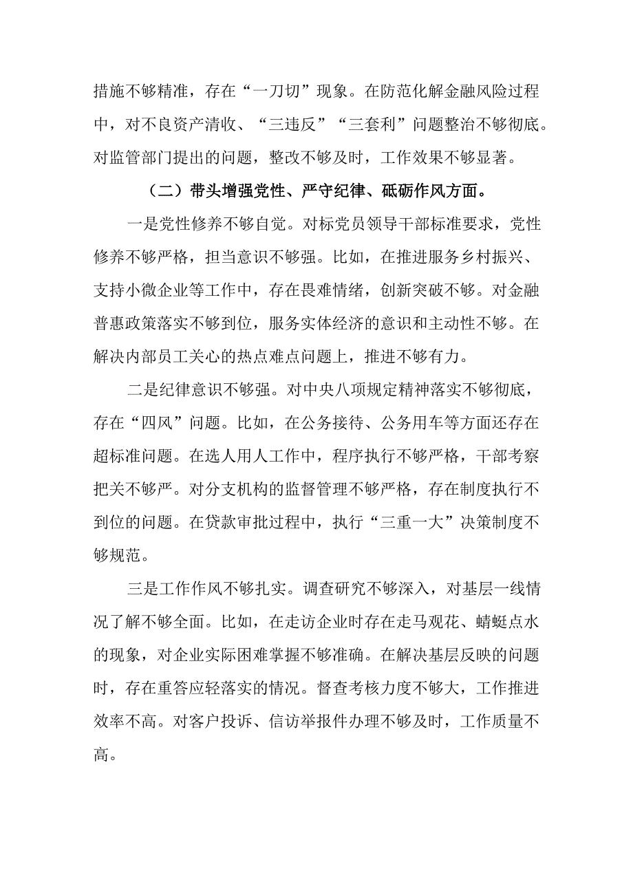银行党委书记行长2025民主生活会个人对照检查材料（四个带头）.docx_第3页