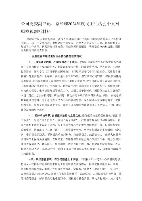 公司党委副书记、总经理2024民主生活会个人对照检视剖析材料.docx