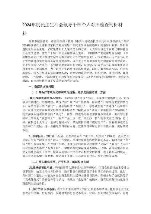 2024民主生活会领导干部个人对照检查剖析材料.docx