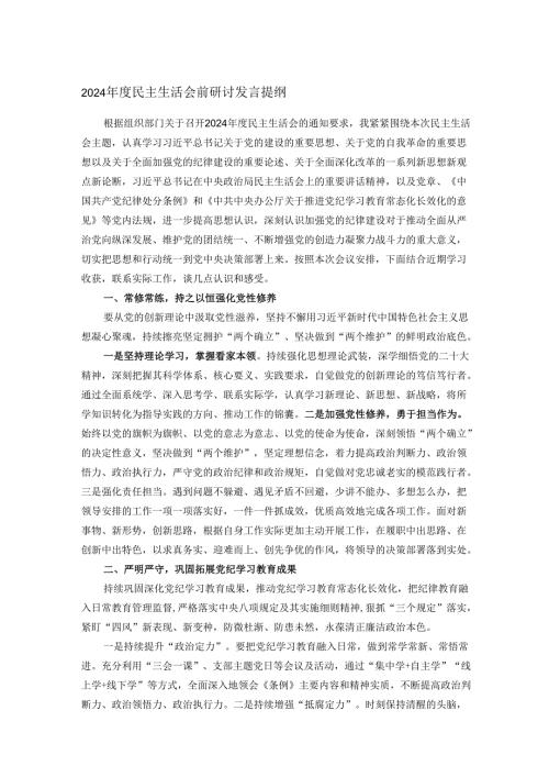 2024民主生活会前研讨发言提纲.docx