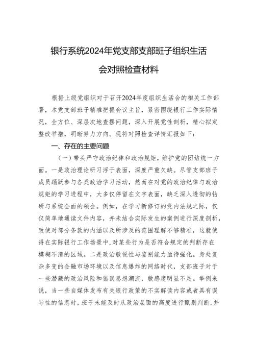 银行系统2024党支部支部班子组织生活会对照检查发言材料.docx