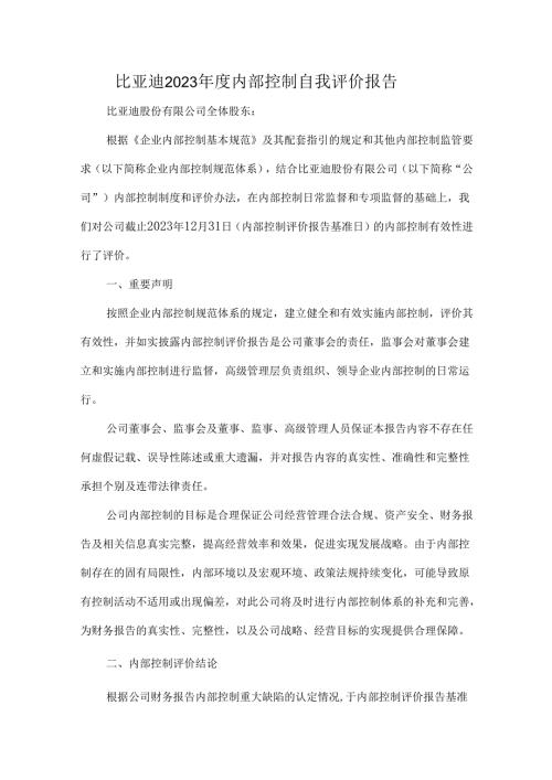 比亚迪2023内部控制自我评价报告.docx