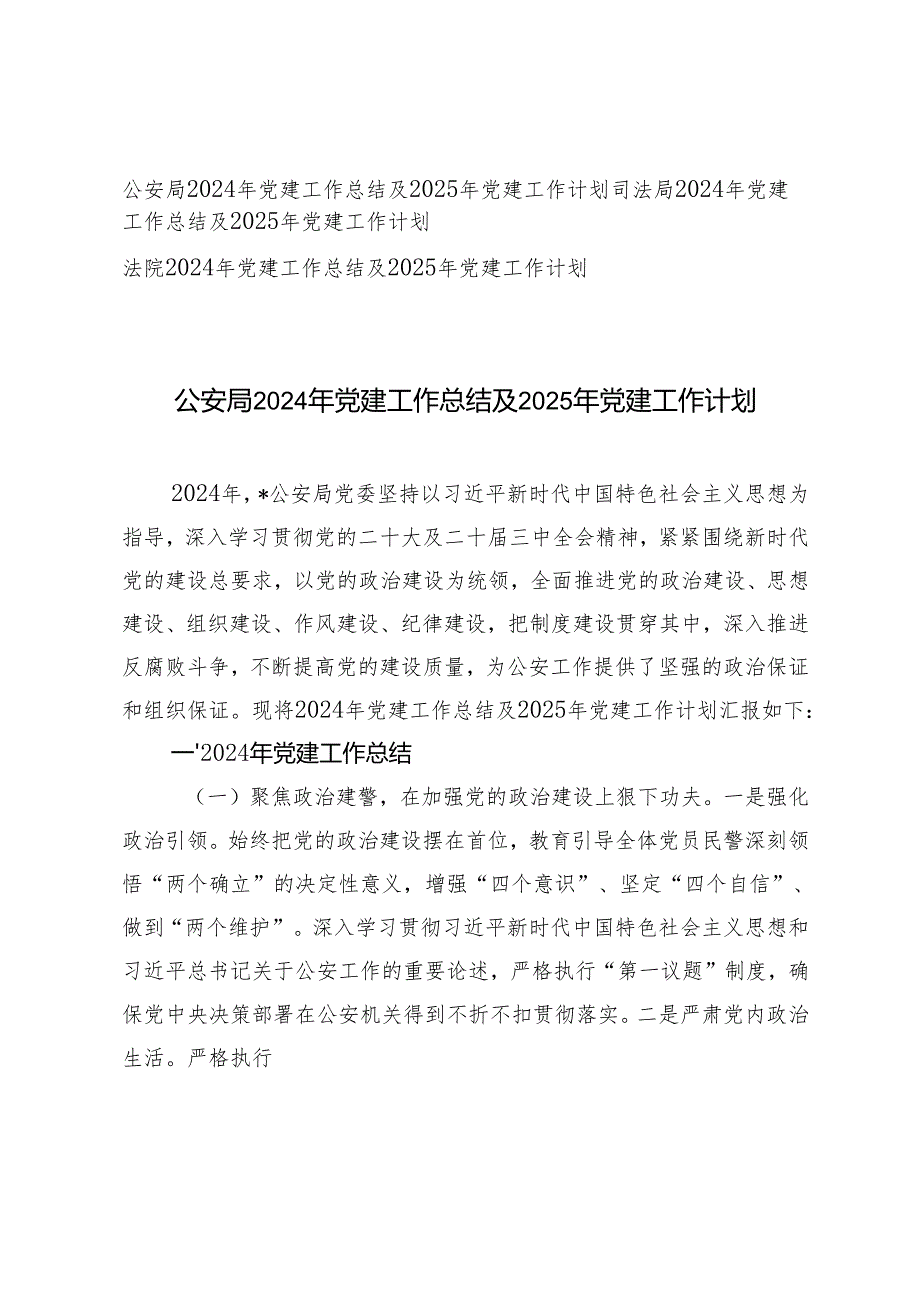 （汇编）公安局、司法局、法院2024年党建工作总结及2025年党建工作计划.docx_第1页