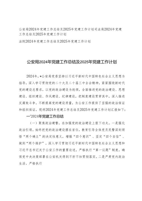（汇编）公安局、司法局、法院2024年党建工作总结及2025年党建工作计划.docx
