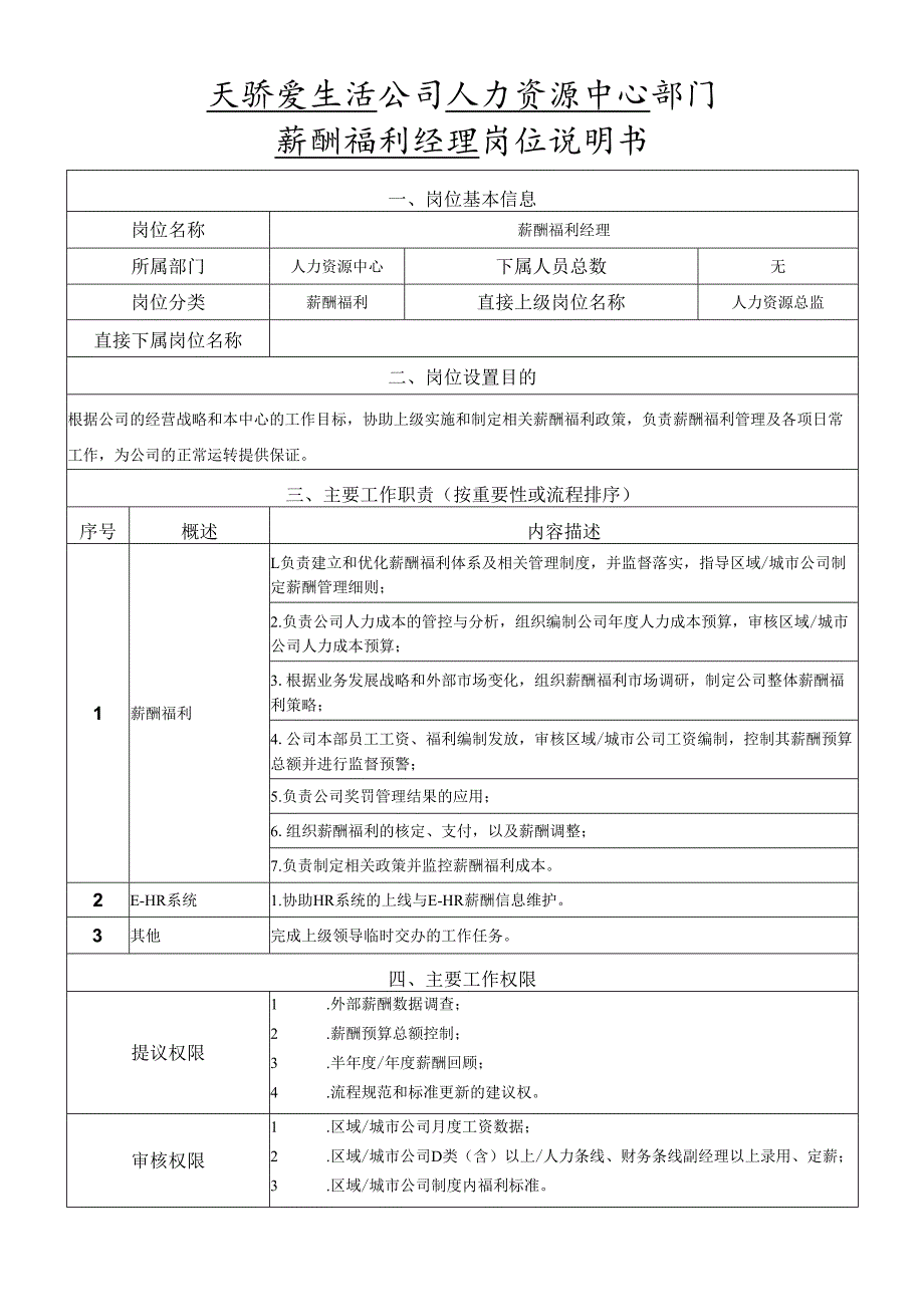 岗位说明书人力资源中心薪酬福利岗.docx_第1页