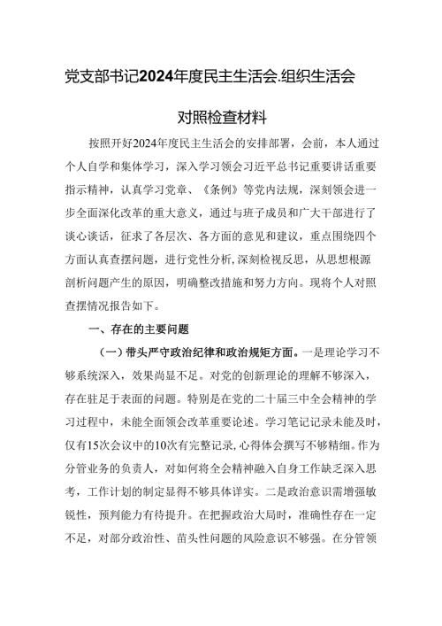 党支部书记2024民主生活会、组织生活会对照检查材料.docx